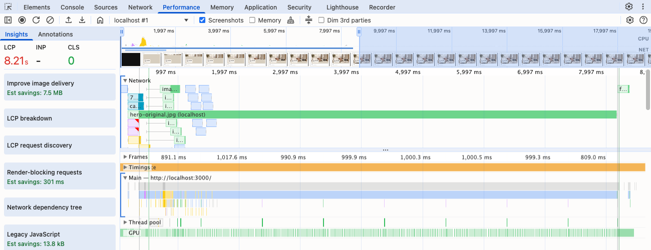 Before run-3 트레이스를 DevTools Performance 패널에 로드한 화면 — hero-original.jpg 요청이 Network 트랙을 0.2초부터 8.2초까지 점유하고, 그 옆에서 나머지 요청 34건은 1.6초 안에 다 끝난다. 필름스트립의 Hero 자리는 8초 내내 비어 있다